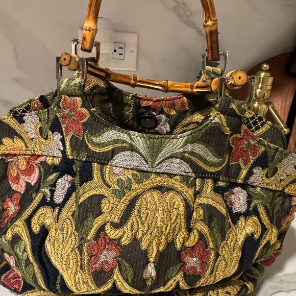 Vintage Talbots Bag Tapestry Purse Bamboo Handles Rich Colors Magnetic Closure - Picture 3 of 7